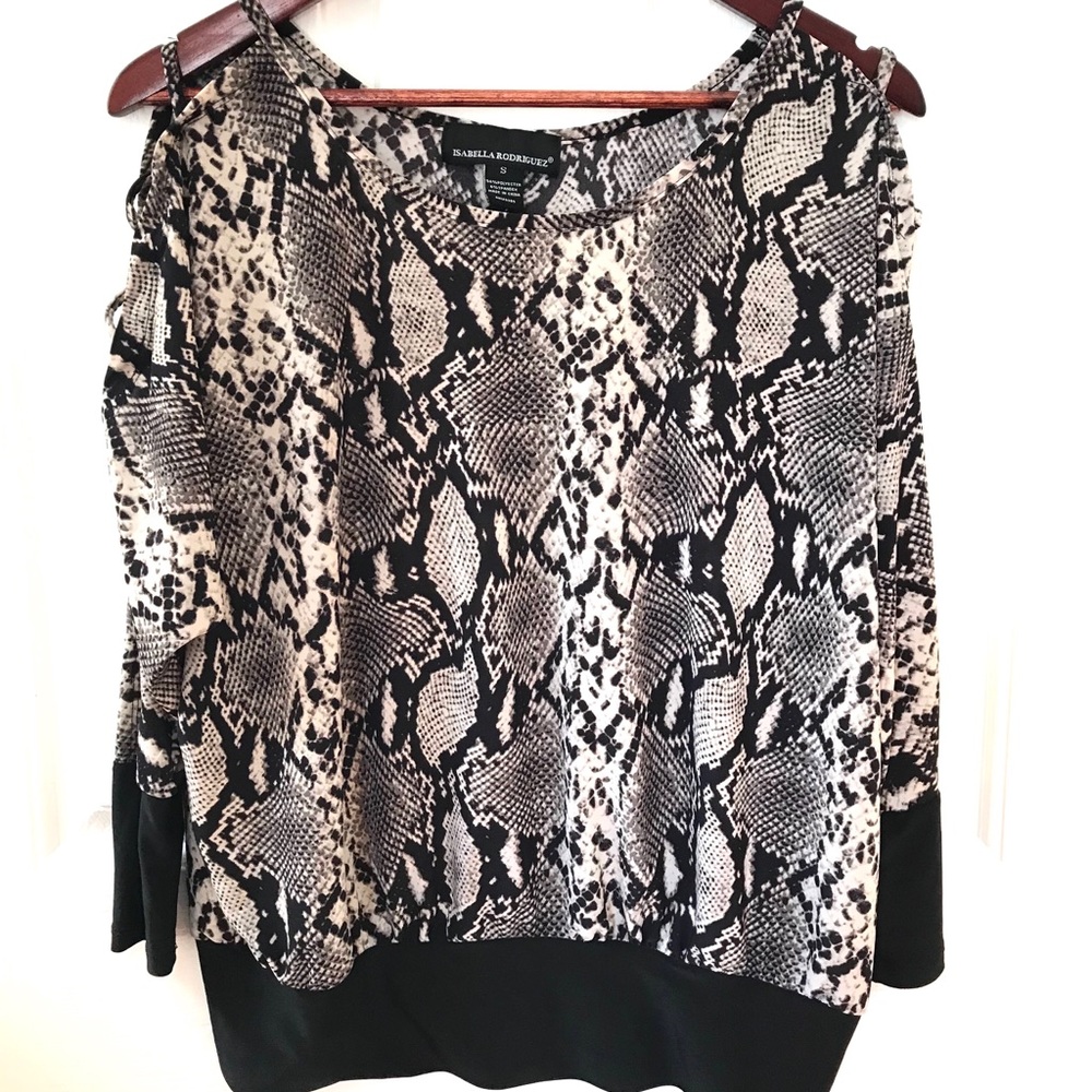 Isabella Rodriguez snake print cold shoulder top